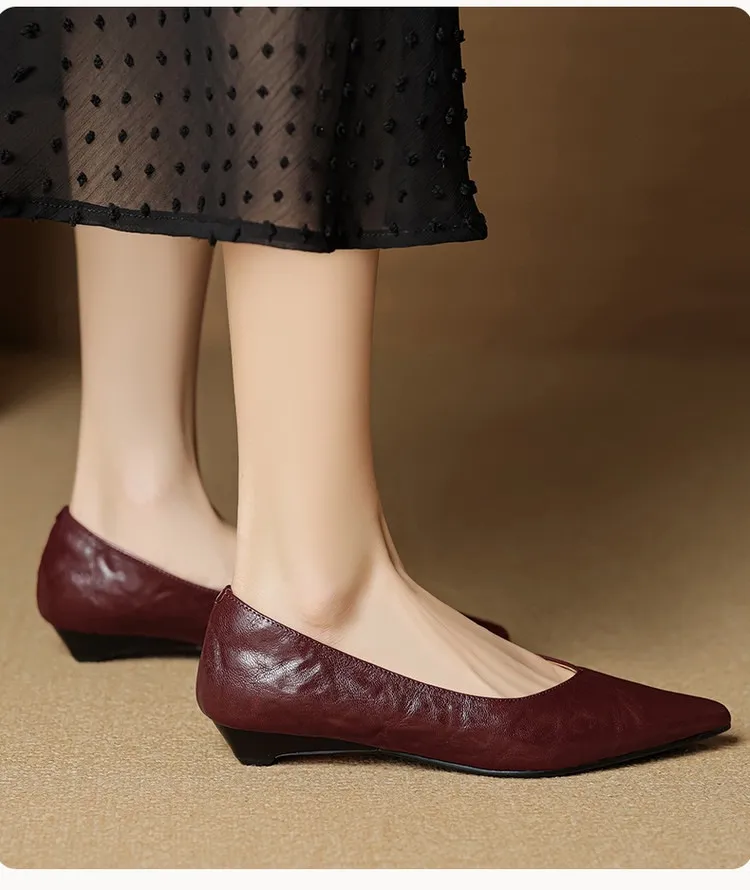 Autumn soft top-grain sheepskin comfortable wedge heel women's shoes low heel pointed toe shallow mouth plus size