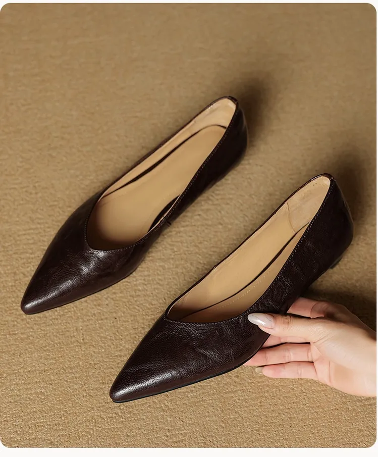 Autumn soft top-grain sheepskin comfortable wedge heel women's shoes low heel pointed toe shallow mouth plus size