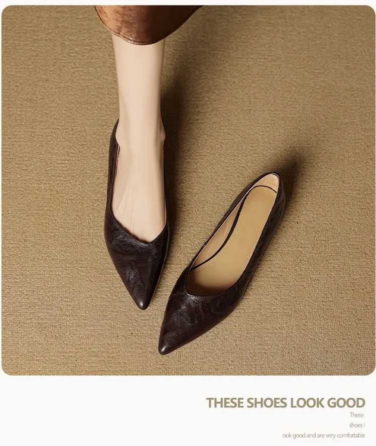 Autumn soft top-grain sheepskin comfortable wedge heel women's shoes low heel pointed toe shallow mouth plus size