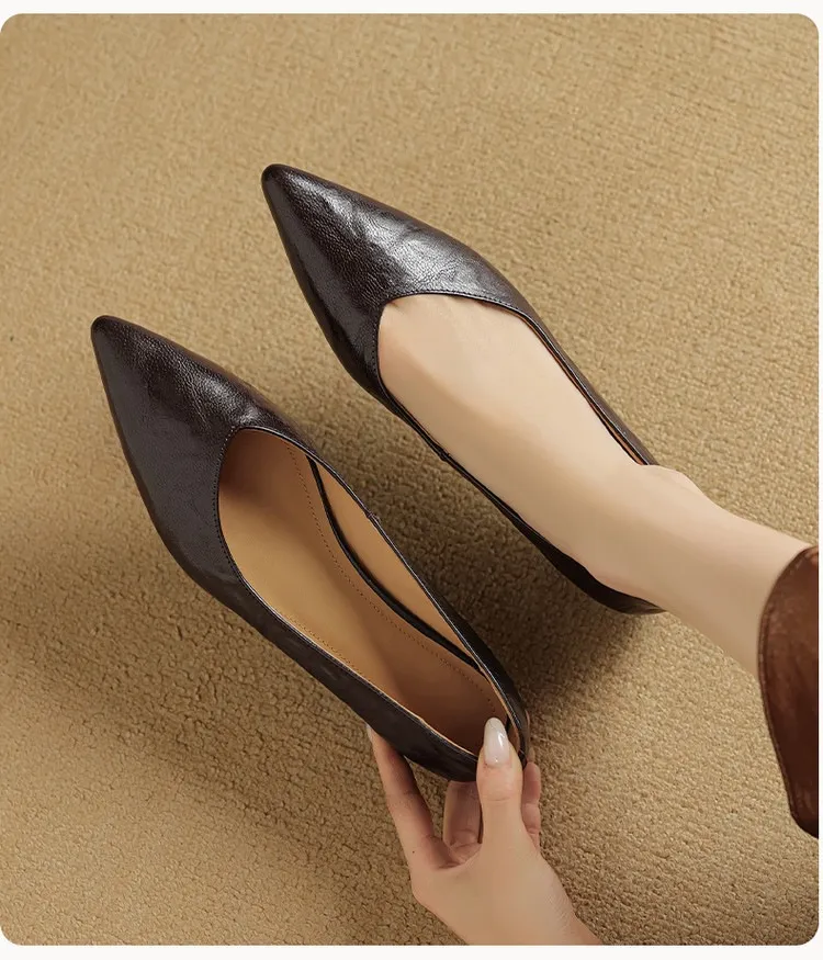 Autumn soft top-grain sheepskin comfortable wedge heel women's shoes low heel pointed toe shallow mouth plus size