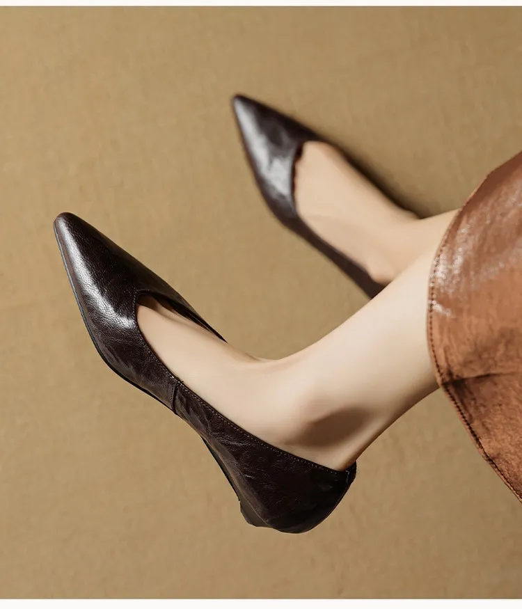 Autumn soft top-grain sheepskin comfortable wedge heel women's shoes low heel pointed toe shallow mouth plus size
