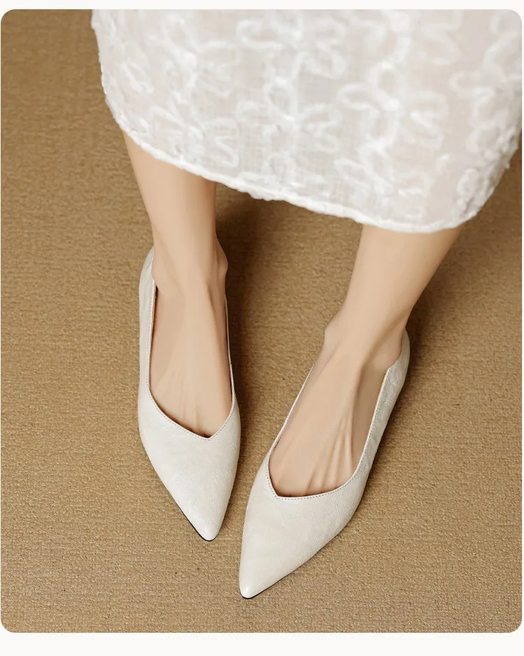 Autumn soft top-grain sheepskin comfortable wedge heel women's shoes low heel pointed toe shallow mouth plus size