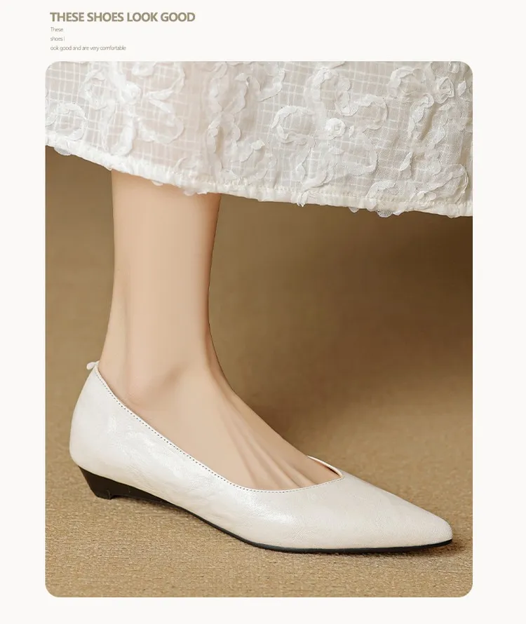 Autumn soft top-grain sheepskin comfortable wedge heel women's shoes low heel pointed toe shallow mouth plus size