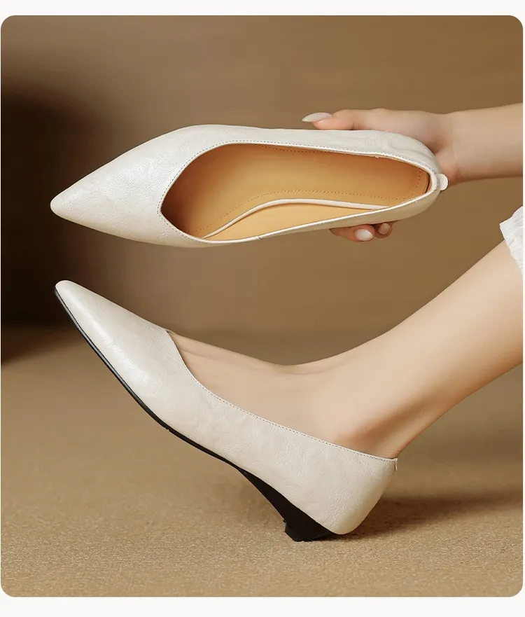 Autumn soft top-grain sheepskin comfortable wedge heel women's shoes low heel pointed toe shallow mouth plus size