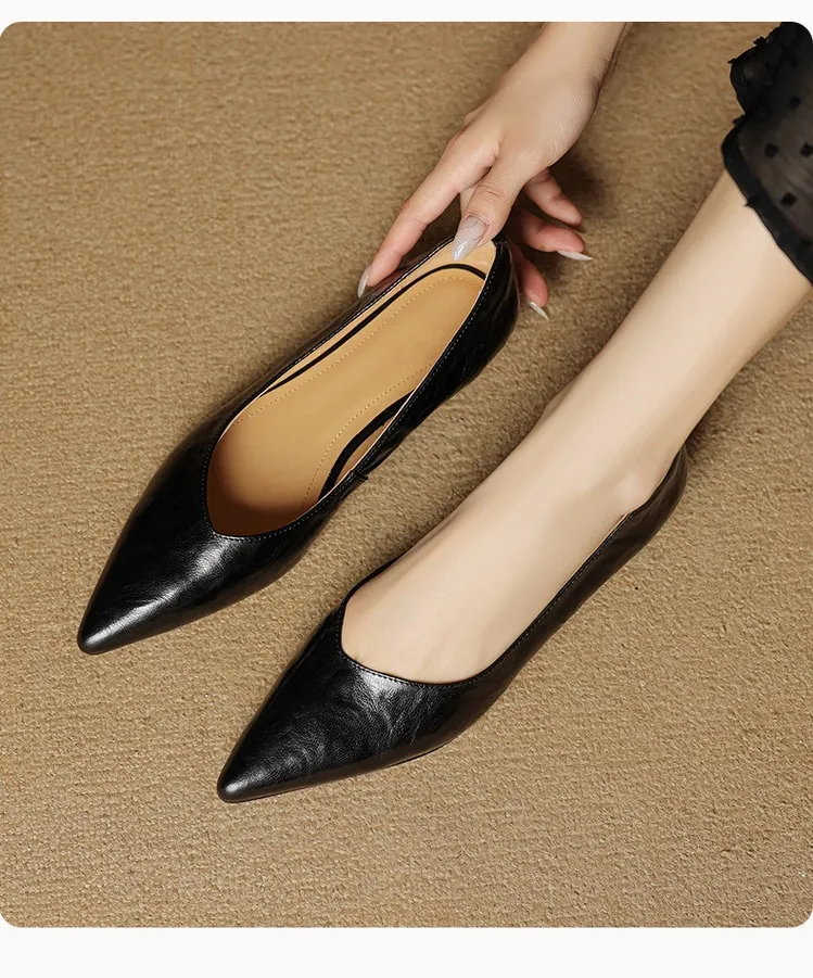 Autumn soft top-grain sheepskin comfortable wedge heel women's shoes low heel pointed toe shallow mouth plus size