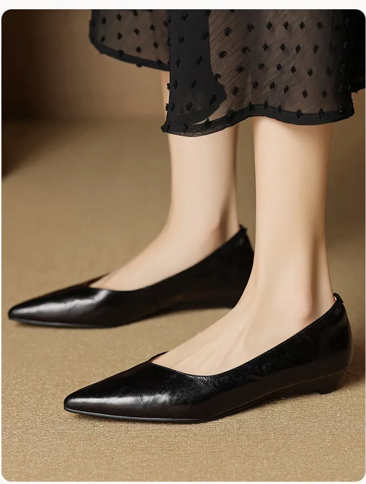 Autumn soft top-grain sheepskin comfortable wedge heel women's shoes low heel pointed toe shallow mouth plus size