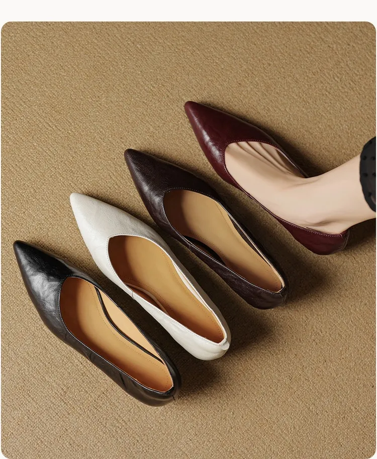 Autumn soft top-grain sheepskin comfortable wedge heel women's shoes low heel pointed toe shallow mouth plus size
