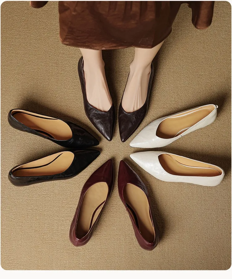 Autumn soft top-grain sheepskin comfortable wedge heel women's shoes low heel pointed toe shallow mouth plus size