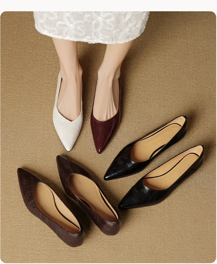 Autumn soft top-grain sheepskin comfortable wedge heel women's shoes low heel pointed toe shallow mouth plus size