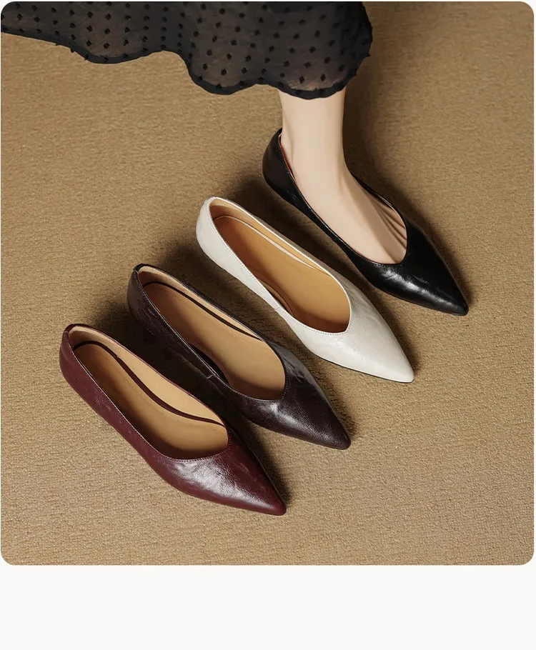 Autumn soft top-grain sheepskin comfortable wedge heel women's shoes low heel pointed toe shallow mouth plus size