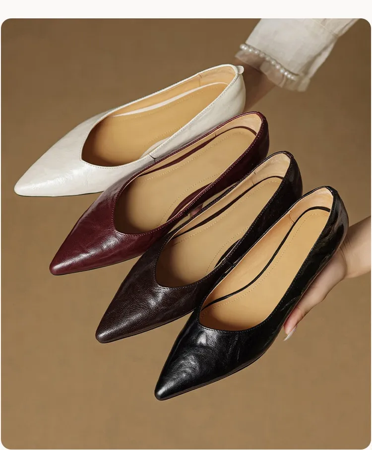 Autumn soft top-grain sheepskin comfortable wedge heel women's shoes low heel pointed toe shallow mouth plus size