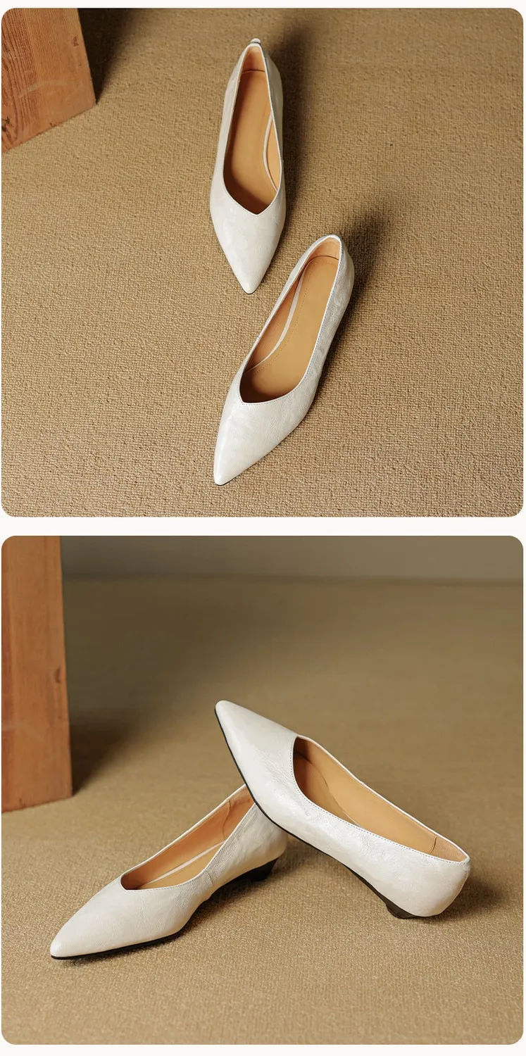 Autumn soft top-grain sheepskin comfortable wedge heel women's shoes low heel pointed toe shallow mouth plus size