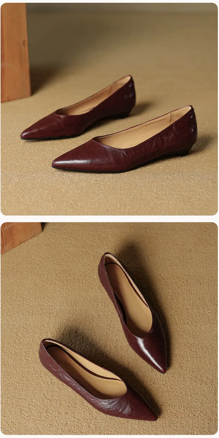Autumn soft top-grain sheepskin comfortable wedge heel women's shoes low heel pointed toe shallow mouth plus size