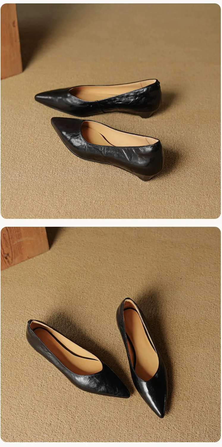 Autumn soft top-grain sheepskin comfortable wedge heel women's shoes low heel pointed toe shallow mouth plus size