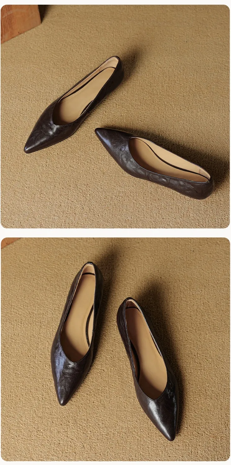 Autumn soft top-grain sheepskin comfortable wedge heel women's shoes low heel pointed toe shallow mouth plus size