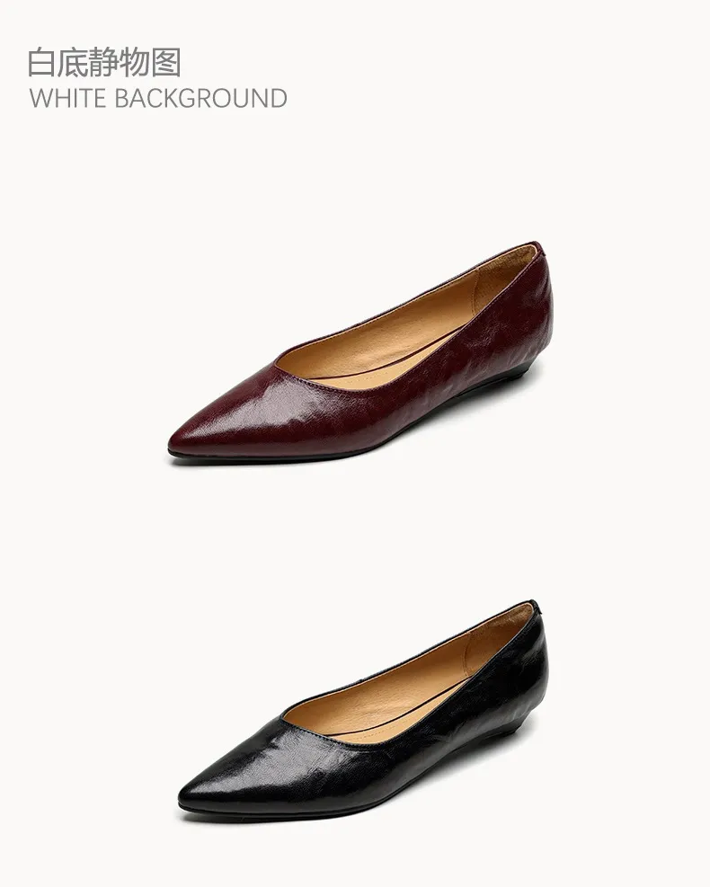 Autumn soft top-grain sheepskin comfortable wedge heel women's shoes low heel pointed toe shallow mouth plus size
