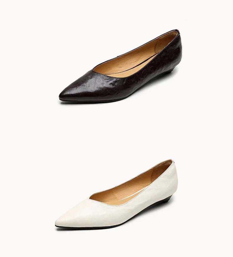 Autumn soft top-grain sheepskin comfortable wedge heel women's shoes low heel pointed toe shallow mouth plus size