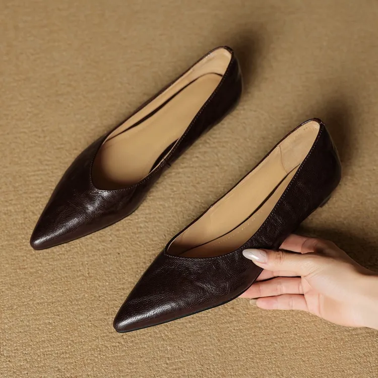 Autumn soft top-grain sheepskin comfortable wedge heel women's shoes low heel pointed toe shallow mouth plus size