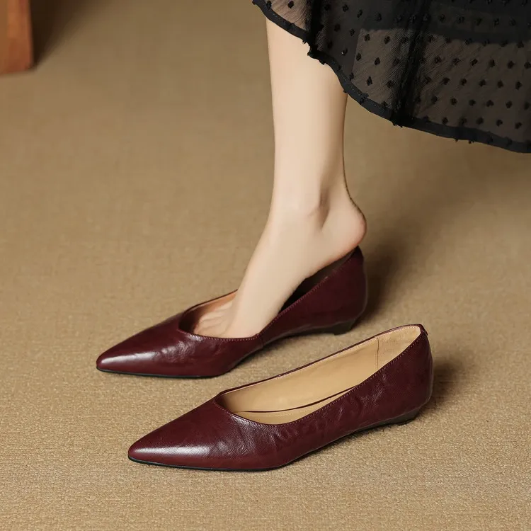Autumn soft top-grain sheepskin comfortable wedge heel women's shoes low heel pointed toe shallow mouth plus size