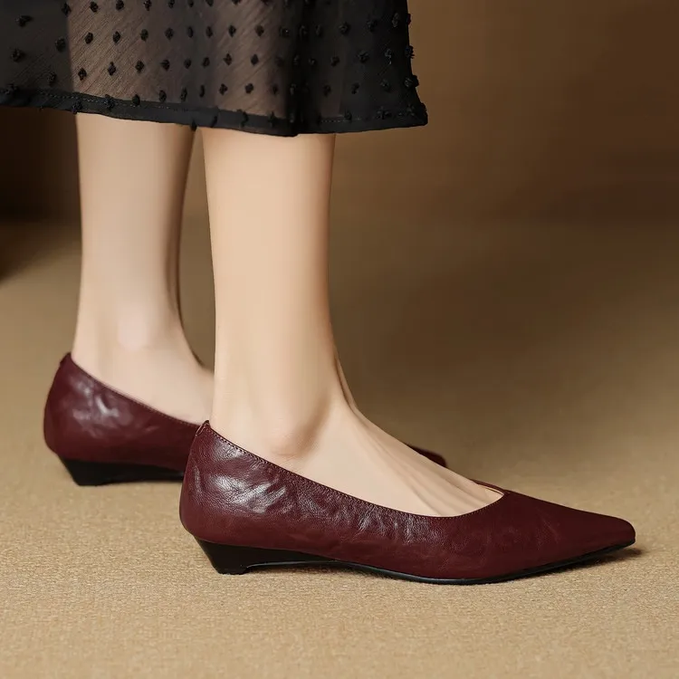 Autumn soft top-grain sheepskin comfortable wedge heel women's shoes low heel pointed toe shallow mouth plus size