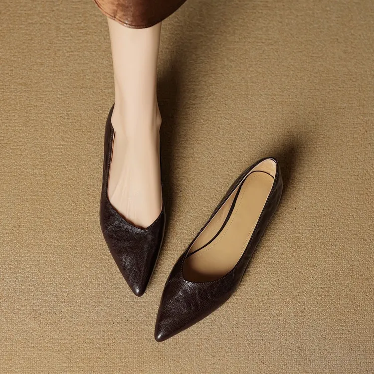Autumn soft top-grain sheepskin comfortable wedge heel women's shoes low heel pointed toe shallow mouth plus size