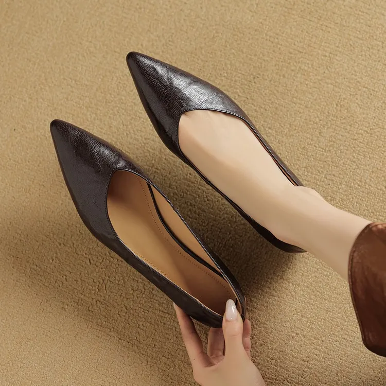 Autumn soft top-grain sheepskin comfortable wedge heel women's shoes low heel pointed toe shallow mouth plus size