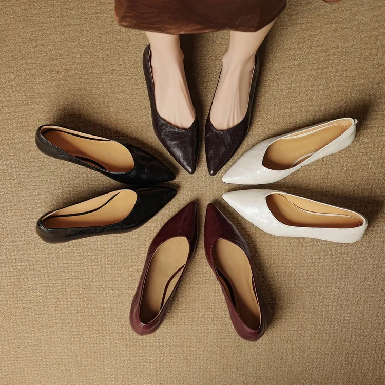 Autumn soft top-grain sheepskin comfortable wedge heel women's shoes low heel pointed toe shallow mouth plus size