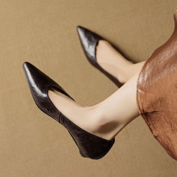 Autumn soft top-grain sheepskin comfortable wedge heel women's shoes low heel pointed toe shallow mouth plus size