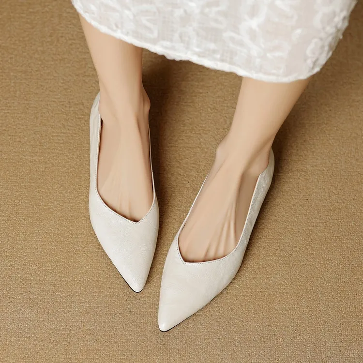Autumn soft top-grain sheepskin comfortable wedge heel women's shoes low heel pointed toe shallow mouth plus size