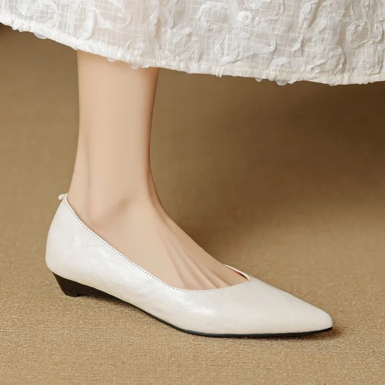 Autumn soft top-grain sheepskin comfortable wedge heel women's shoes low heel pointed toe shallow mouth plus size