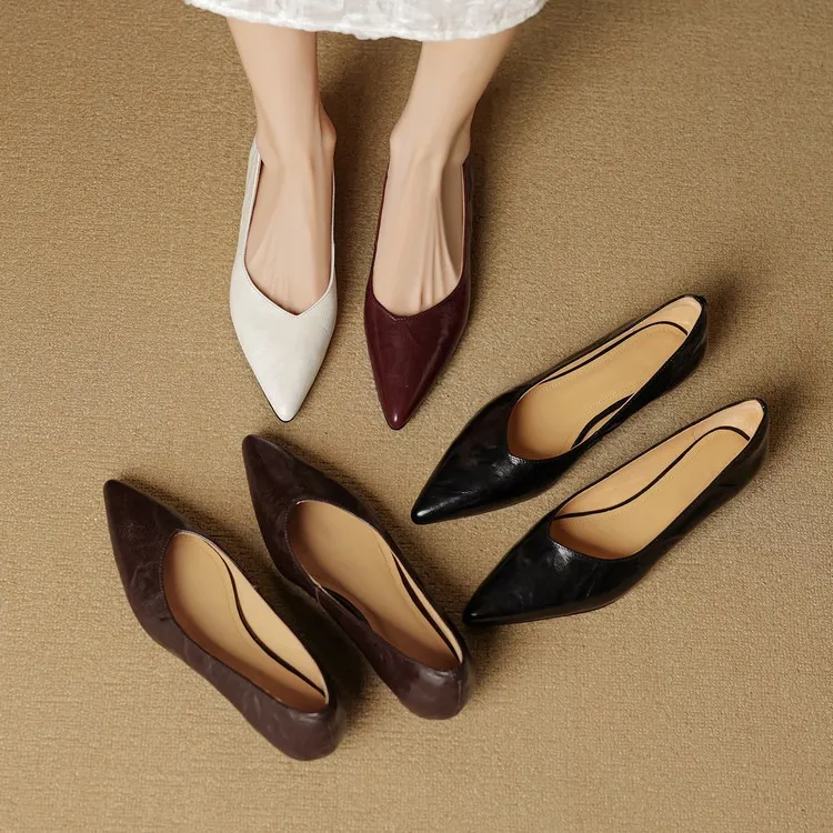 Autumn soft top-grain sheepskin comfortable wedge heel women's shoes low heel pointed toe shallow mouth plus size