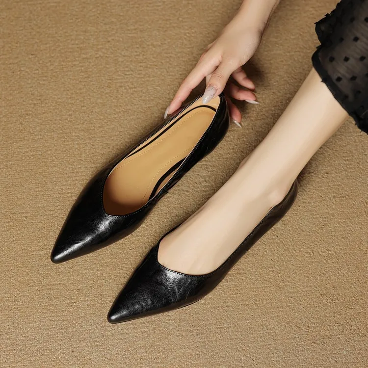Autumn soft top-grain sheepskin comfortable wedge heel women's shoes low heel pointed toe shallow mouth plus size