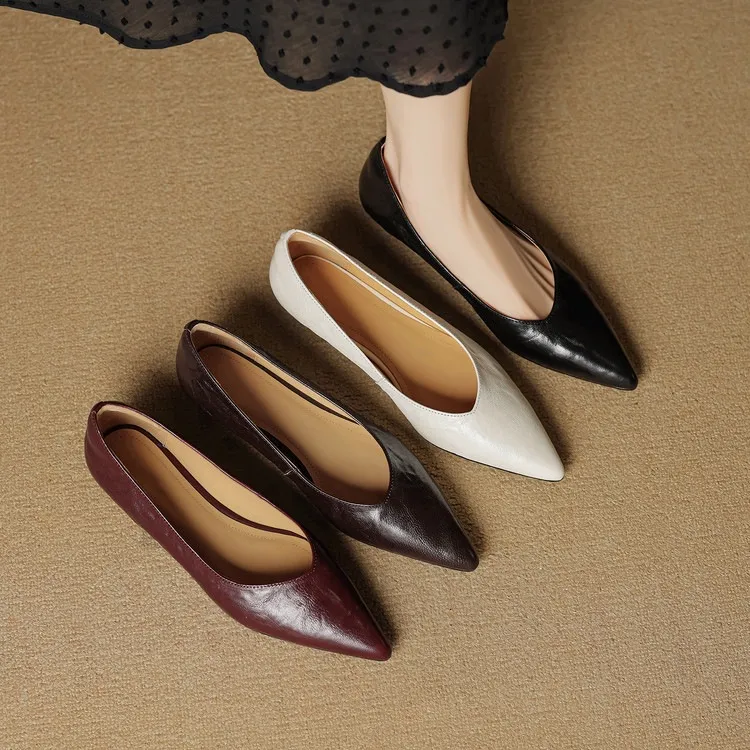 Autumn soft top-grain sheepskin comfortable wedge heel women's shoes low heel pointed toe shallow mouth plus size