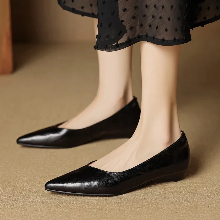 Autumn soft top-grain sheepskin comfortable wedge heel women's shoes low heel pointed toe shallow mouth plus size