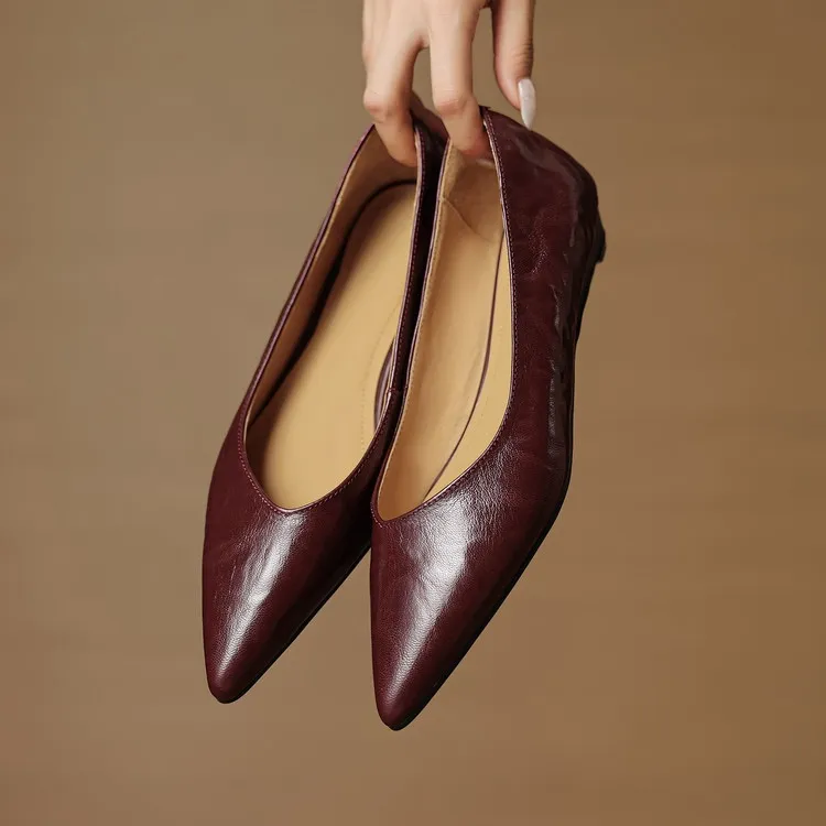 Autumn soft top-grain sheepskin comfortable wedge heel women's shoes low heel pointed toe shallow mouth plus size