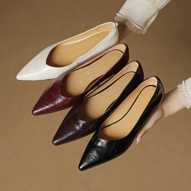 Autumn soft top-grain sheepskin comfortable wedge heel women's shoes low heel pointed toe shallow mouth plus size