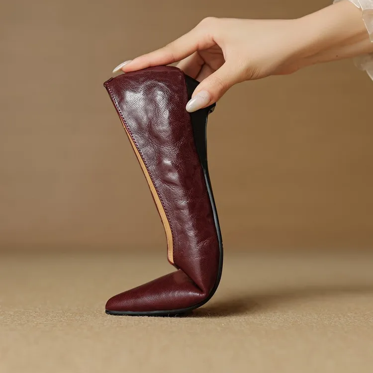 Autumn soft top-grain sheepskin comfortable wedge heel women's shoes low heel pointed toe shallow mouth plus size