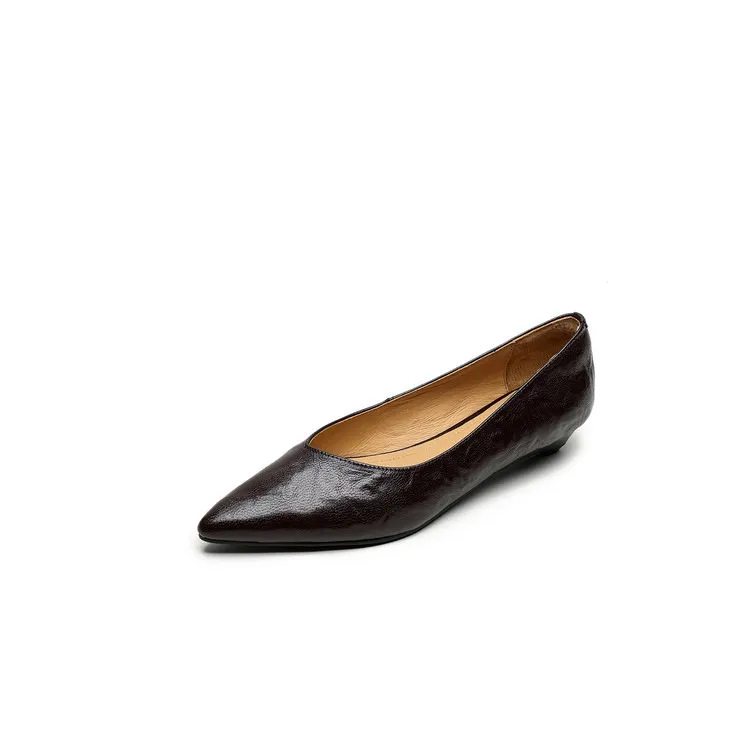 Autumn soft top-grain sheepskin comfortable wedge heel women's shoes low heel pointed toe shallow mouth plus size
