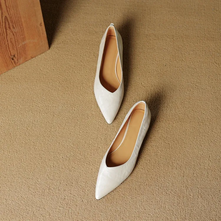 Autumn soft top-grain sheepskin comfortable wedge heel women's shoes low heel pointed toe shallow mouth plus size