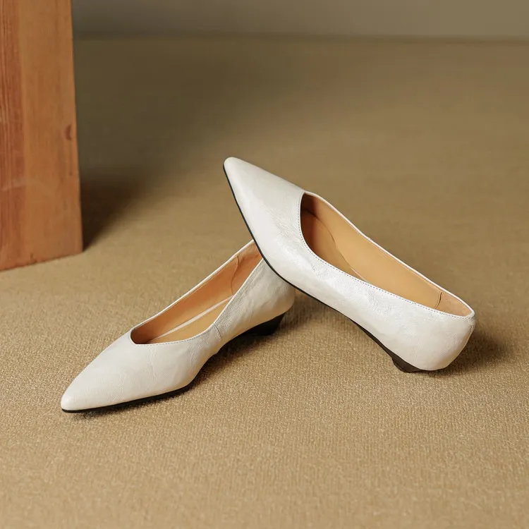 Autumn soft top-grain sheepskin comfortable wedge heel women's shoes low heel pointed toe shallow mouth plus size