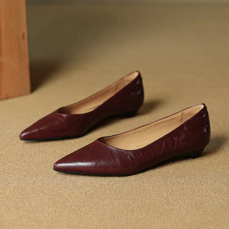 Autumn soft top-grain sheepskin comfortable wedge heel women's shoes low heel pointed toe shallow mouth plus size