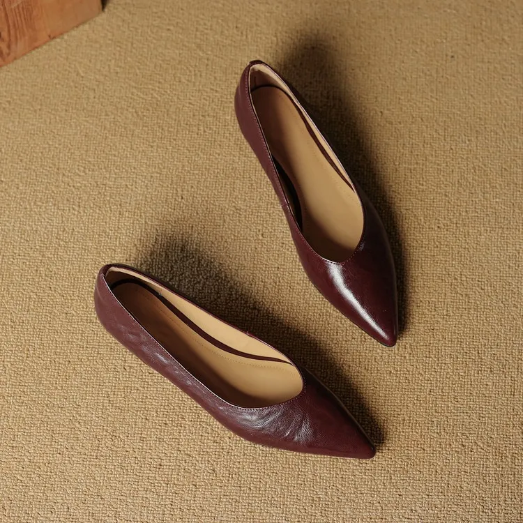 Autumn soft top-grain sheepskin comfortable wedge heel women's shoes low heel pointed toe shallow mouth plus size
