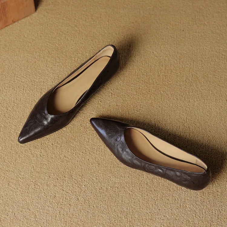Autumn soft top-grain sheepskin comfortable wedge heel women's shoes low heel pointed toe shallow mouth plus size