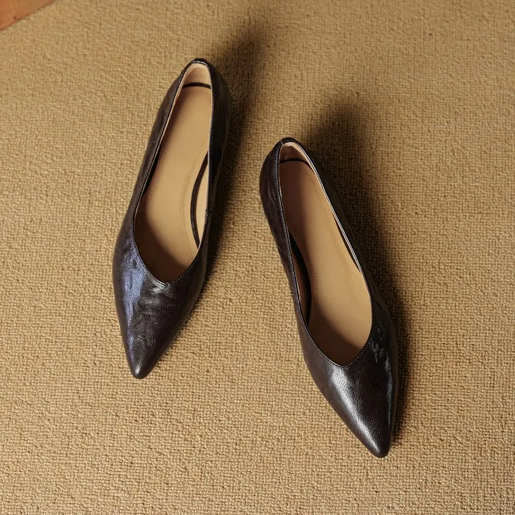Autumn soft top-grain sheepskin comfortable wedge heel women's shoes low heel pointed toe shallow mouth plus size