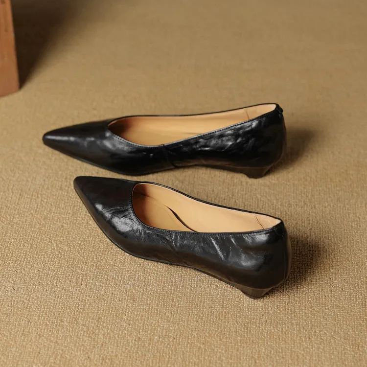 Autumn soft top-grain sheepskin comfortable wedge heel women's shoes low heel pointed toe shallow mouth plus size