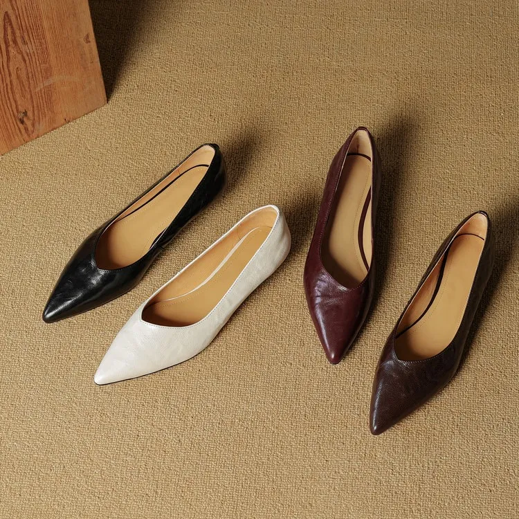 Autumn soft top-grain sheepskin comfortable wedge heel women's shoes low heel pointed toe shallow mouth plus size