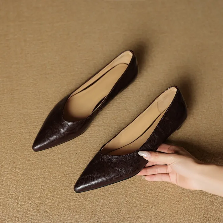 Autumn soft top-grain sheepskin comfortable wedge heel women's shoes low heel pointed toe shallow mouth plus size