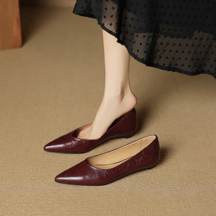 Autumn soft top-grain sheepskin comfortable wedge heel women's shoes low heel pointed toe shallow mouth plus size
