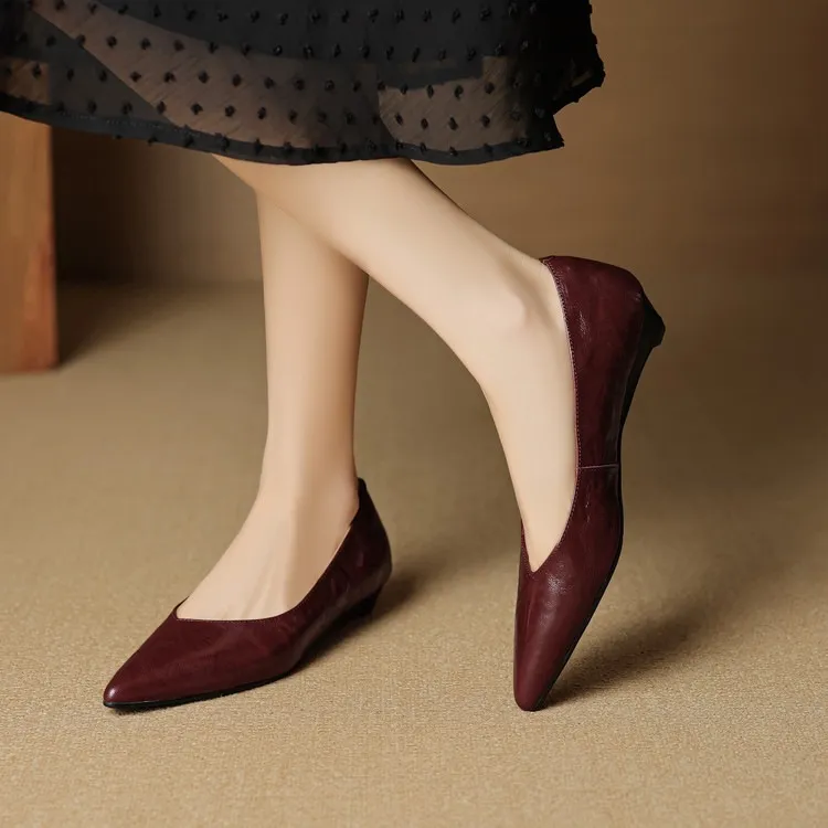 Autumn soft top-grain sheepskin comfortable wedge heel women's shoes low heel pointed toe shallow mouth plus size