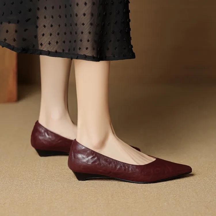 Autumn soft top-grain sheepskin comfortable wedge heel women's shoes low heel pointed toe shallow mouth plus size